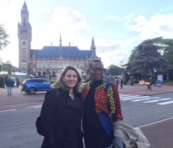 Professor Nienke Grossman (left) and Howard University Professor Josephine Dawuni in front of the Peace Palace in The Hague, Netherlands.
